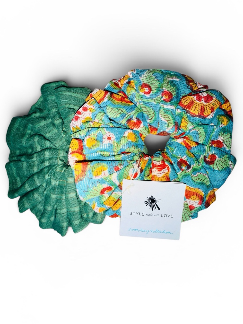 Noonday Green Blue Scrunchies with Gold Metallic Thread, Set of 2